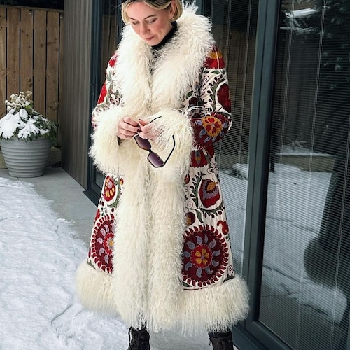 Handmade Suzani Shearling Coat: Boho Afghan Style, Mongolian Fur
