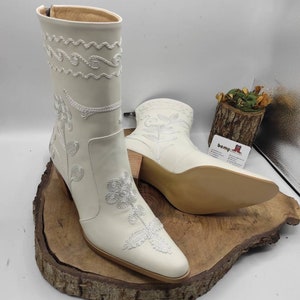 White Leather Boots, Cowboy Boots, Made To Order, Mid Calf, Short Boots, Wedding Boots, Casual Boots, Everyday Boots, Suzani Boots image 4