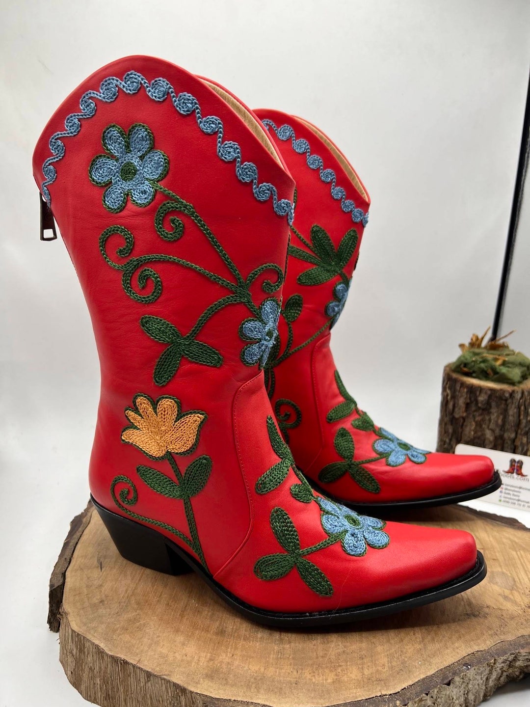 Cowboy Boots, Made to Order, Genuine Leather, Mid Calf Boots, Suzani