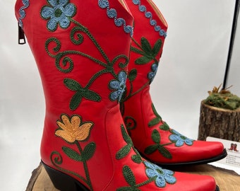 Cowboy Boots, Made To Order, Genuine Leather, Mid Calf Boots, Suzani Boots, Embroidery Boots, Custom Made, Pointy Toe, Comfy Boots