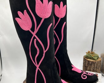 Made To Order Genuine Suede Leather Riding Style Women's Boots, Low Heel, Round Toe, Comfy Boots, Floral Pattern, Knee High, Everyday Boots