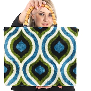 Green Tote Bag, Ikat Bag, Handle Bag, Handwoven Velvet Bag, Bamboo Handle, Casual Bag, Chic Bag, Exclusive Bag, Bag Fashion, Luxury Bag