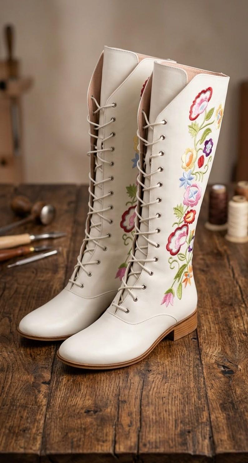 May include: Cream-colored, knee-high boots with floral embroidery. The boots feature a lace-up design and a low heel. Colorful embroidered flowers adorn the sides of the boots, adding a decorative touch. The boots are set on a wooden surface.