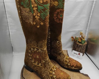 Suzani Boots, Knee High Boots, Riding Boots, Floral Pattern, Brown Boots, Flat, Leather Boots, Country Style Boots, Custom Made Boots