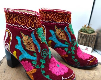 Vintage Ankle Boots, Unique Boots, Chunky Boots, Suzani Boots, Embroidery Boots, Ankle Booties, Suzani Boots, For Her, On Sale