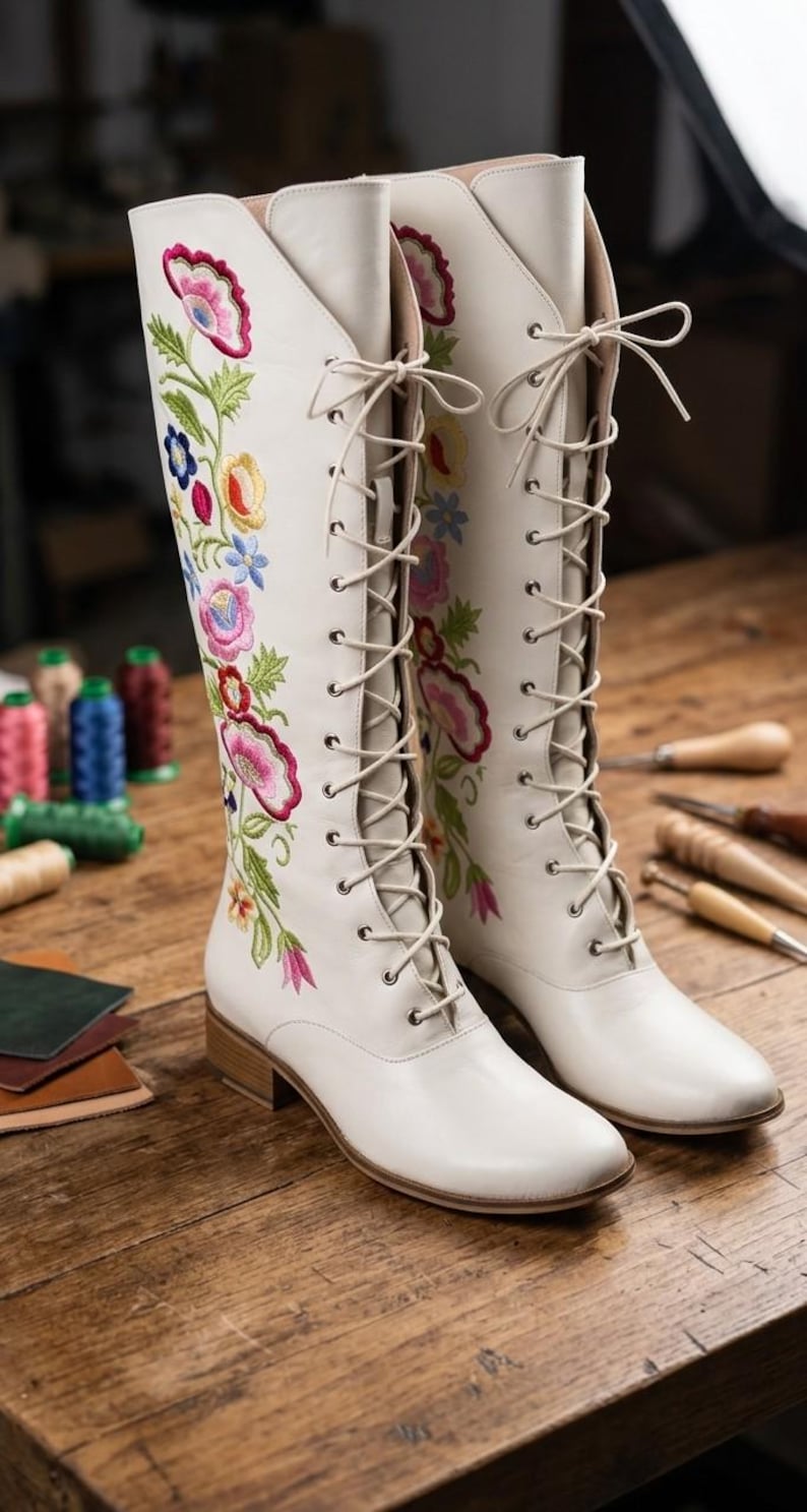 May include: A pair of white knee-high boots with colorful floral embroidery. The boots have a lace-up design and a low heel. The embroidery features pink, blue, yellow, and green flowers. The boots are displayed on a wooden surface.