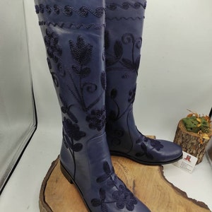 Riding Boots, Made To Order, Genuine Leather, Suzani Boots, Embroidery Boots, Low Heel, For Her, Casual Boots, Comfy Boots, Country Boots