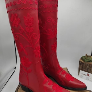 Low Heel Cowboy Boots, Made To Order, Suzani Boots, Western Boots, Embroidery Boots, Custom Made, Genuine Leather, Comfy Boots, Knee High