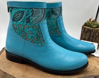 Ankle Boots, Low Heel Round Toe, Genuine Leather Custom Made, Ankle Booties, Suzani Boots, Turquoise Shoes, Ethnic Pattern, Comfy And Chic