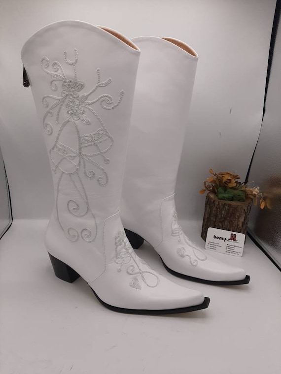 Colonial Roux Adaptabilidad Botas Cowboy Blancas Botas de Cuero Puntiagudo Botas - Etsy España