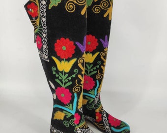 Over Knee Boots, Vintage Boots, Custom Made, Riding Boots, Low Heel, Round Toe, Suzani Boots, Floral Pattern, Festival Boots Everyday Boots