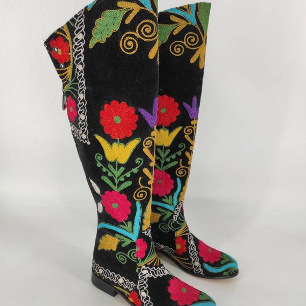 Over Knee Boots, Vintage Boots, Custom Made, Riding Boots, Low Heel, Round Toe, Suzani Boots, Floral Pattern, Festival Boots Everyday Boots