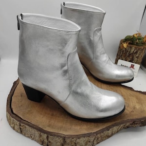 Handmade Silver Leather Ankle Boots: Chunky Heel Chelsea Boots