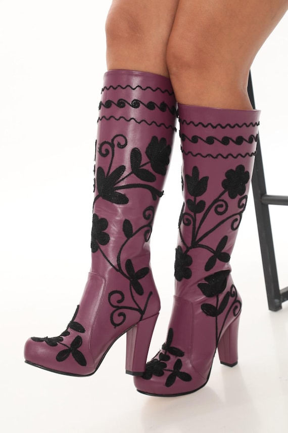Handmade Leather Heeled Boots: Suzani Embroidered Fashion