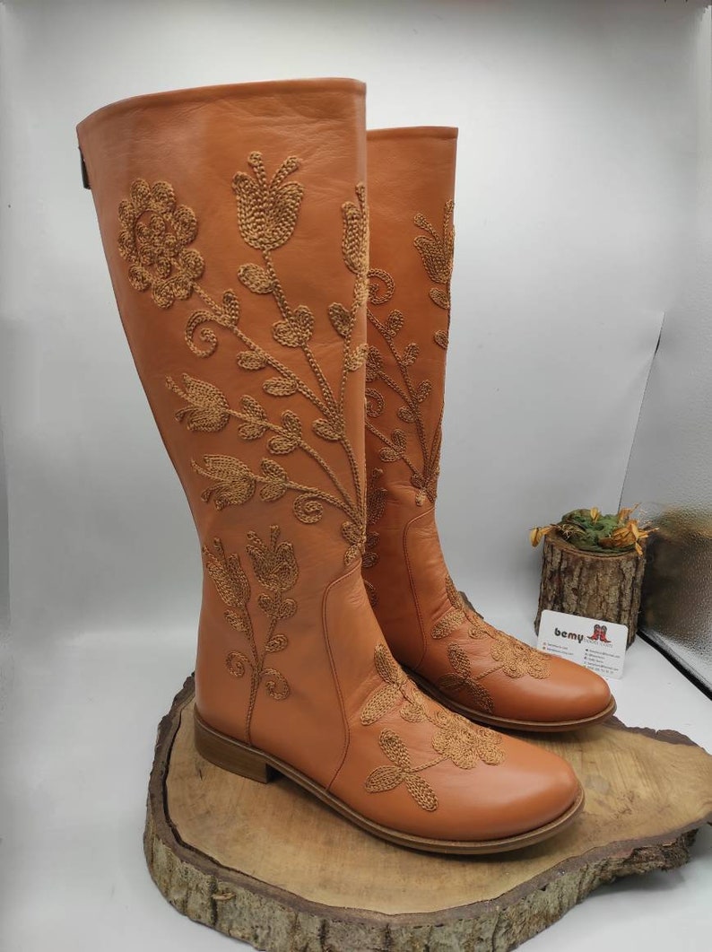Custom Boots, Honey Brown, Suzani Boots, Knee High, Riding Style, Low Heel, For Her, Handmade, Round Toe, Embroidery Boots, Casual Boots image 8