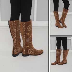 Vintage Embroidered Boots, Suzani Boots, Custom Boots, Riding Boots, Country Style, Knee High, Low Heel, Outdoor Fit, Women's Boots