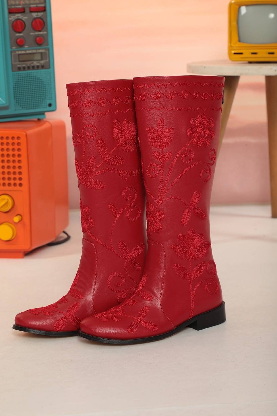 Women's Boots, Riding Boots, Leather Boots, Round Toe, Low Heel