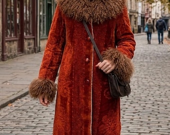 Red Suzani Shearling Coat: Boho Natural Mongolian Trimmed, Velvet Embroidery