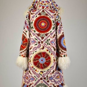 Handmade Embroidered Suzani Shearling Coat - Afghan Style Hooded Coat