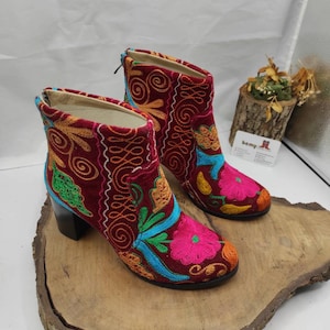Embroidered Suzani Ankle Boots: Genuine Leather Platform Shoes