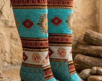 Ethnic Kilim Genuine Leather Knee High Boots: Custom Made