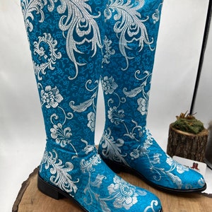 Low Heel Round Toe Riding Boots, Genuine Leather, Unique Tapestry, Comfy Boots, Shiny Blue, Chic And Comfy, Suzani Boots, Unique Boots