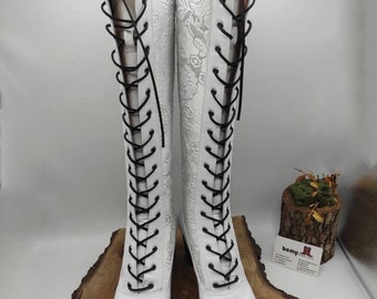 Handmade Victorian White Leather Boots: Lace Up Chunky Heel