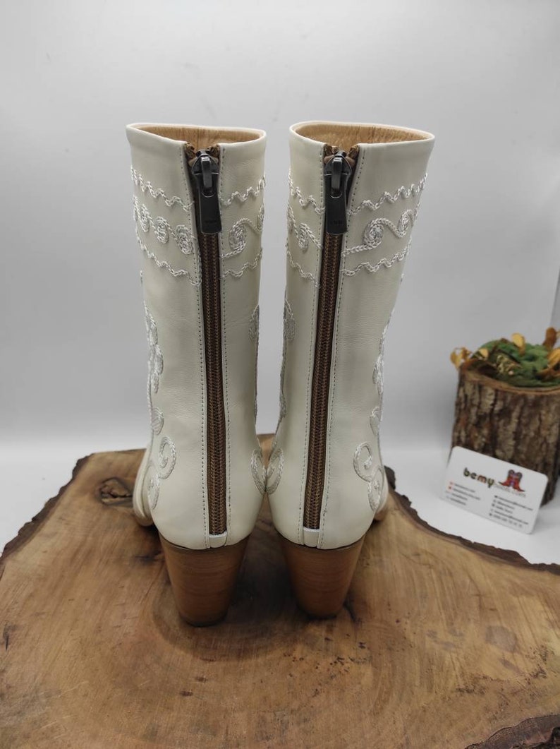 White Leather Boots, Cowboy Boots, Made To Order, Mid Calf, Short Boots, Wedding Boots, Casual Boots, Everyday Boots, Suzani Boots image 6