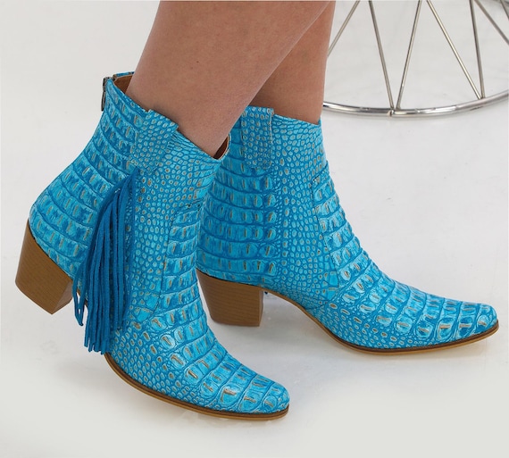 Turquoise Crocodile Embossed Leather Cowboy Ankle Boots With