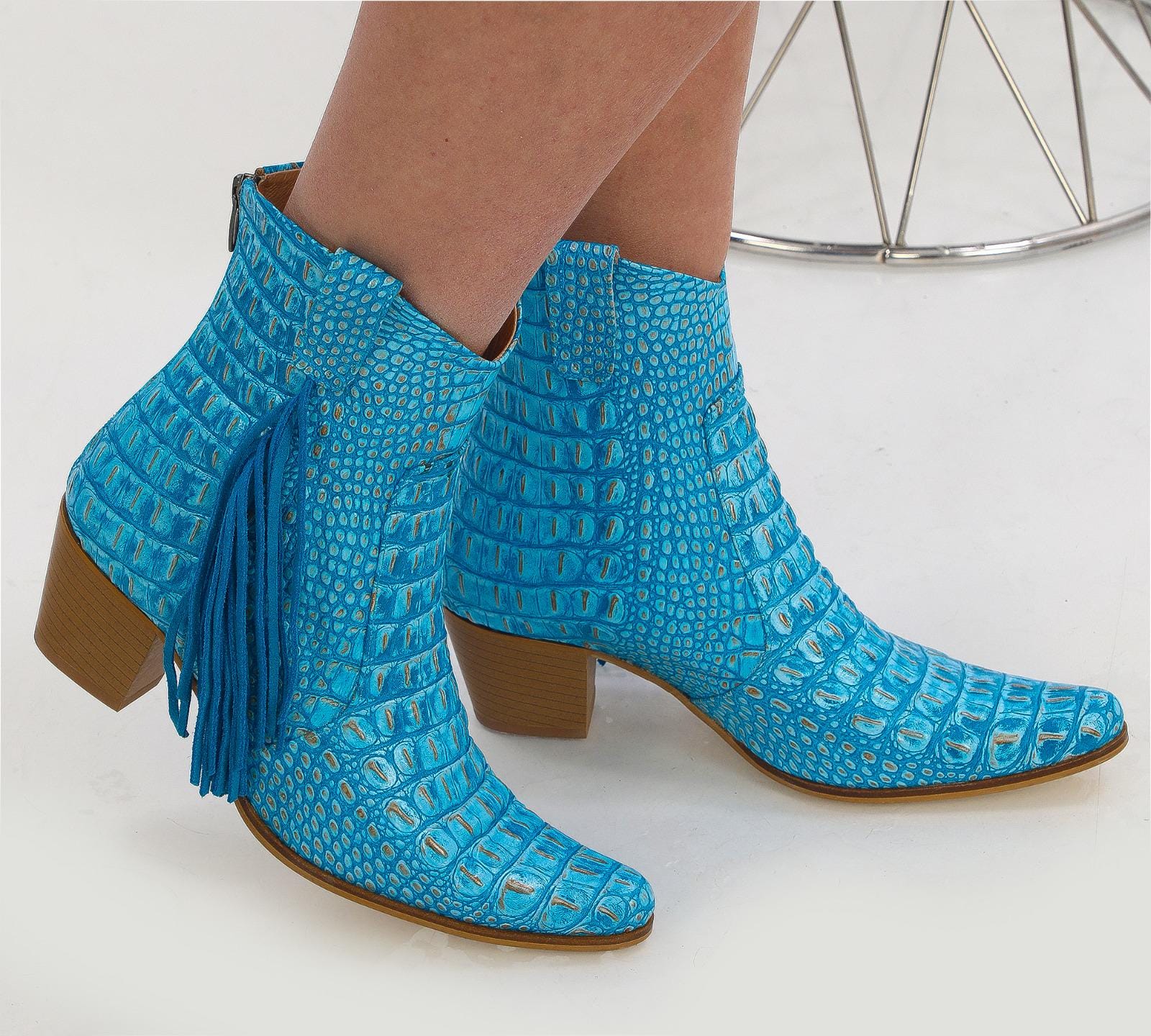 Turquoise Crocodile Embossed Leather Cowboy Ankle Boots With