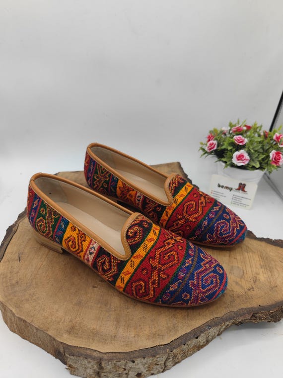 Ethnic Kilim Pattern Leather Loafers, Handmade Mens Sandals  display picture 1