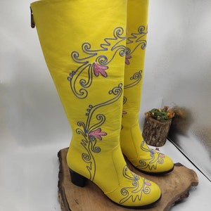 Made To Order Genuine Leather Platform Toe Boots, Suzani Boots, Embroidery Boots, Custom Made, For Her, Casual Boots, Round Toe, Knee High