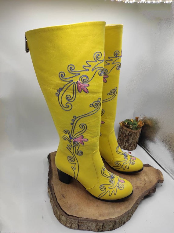 Made To Order Genuine Leather Platform Toe Boots Suzani Boots Embroidery Boots Custom Made For Her Casual Boots Round Toe Knee High