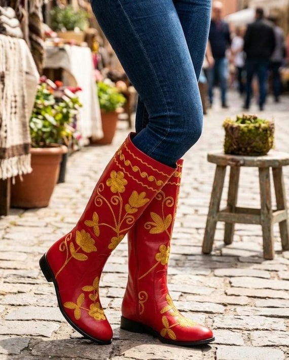 Handmade Leather Suzani Boots: Embroidered Knee High Riding Boots
