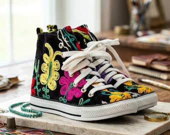 Handmade Floral Embroidered High Top Sneakers: Custom Suzani Shoes