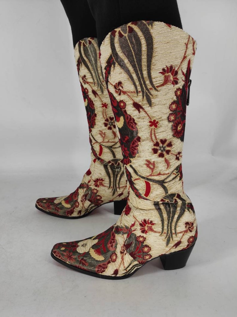 Cowboy Western Boots Suzani Boots Leather Tulip Pattern Beige - Etsy