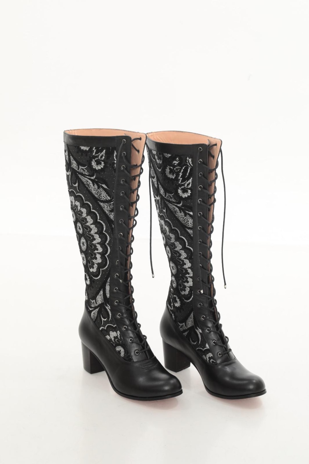 靴 fetico VICTORIAN LACE-UP LEATHER BOOTS Handmade Victorian Lace up Boots: Black Leather Suzani Festival