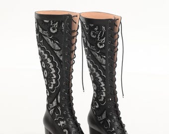 Handmade Victorian Lace up Boots: Black Leather Suzani Festival