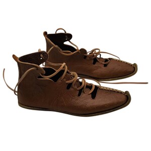 May include: A pair of brown leather lace-up sandals with a pointed toe. The sandals have a simple design with multiple holes for ventilation.