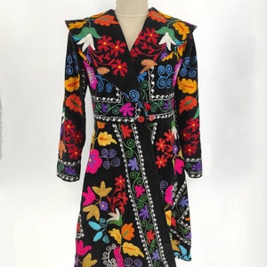 Vintage Style Coat, Womens Black Embroidered Coat, Suzani Coat, 1970&#39;s, Custom Made, Floral Pattern, Colourful, Velvet, Bohemian Coat