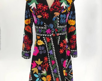 Vintage Style Coat, Womens Black Embroidered Coat, Suzani Coat, 1970's, Custom Made, Floral Pattern, Colourful, Velvet, Bohemian Coat