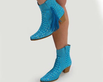 Turquoise Crocodile Embossed Leather Cowboy Ankle Boots With