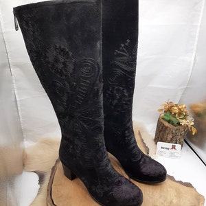 Black Embroidery Women's Boots, Suzani Boots, Custom Made, Platform Toe Knee High Boots, Genuine Leather, Vintage Boots, Chunky Heel Boots