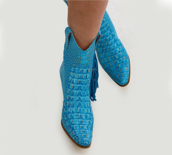 Turquoise Crocodile Embossed Leather Cowboy Ankle Boots With