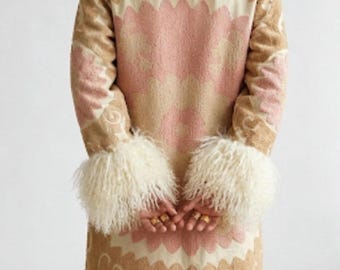 Vintage Shearling Afghan Coat: Handmade Suzani Natural Mongolian Trim