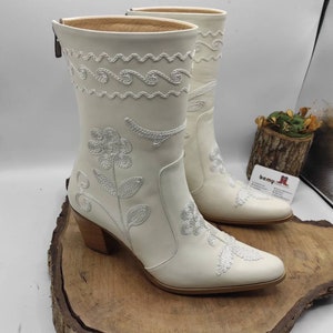 White Leather Boots, Cowboy Boots, Made To Order, Mid Calf, Short Boots, Wedding Boots, Casual Boots, Everyday Boots, Suzani Boots image 1