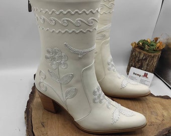 Handmade White Leather Cowboy Boots: Floral Embroidered Mid-Calf Boots