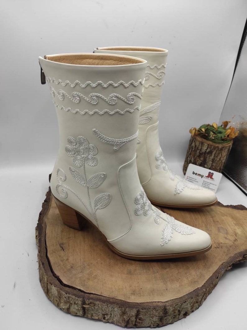 White Leather Boots, Cowboy Boots, Made To Order, Mid Calf, Short Boots, Wedding Boots, Casual Boots, Everyday Boots, Suzani Boots image 1