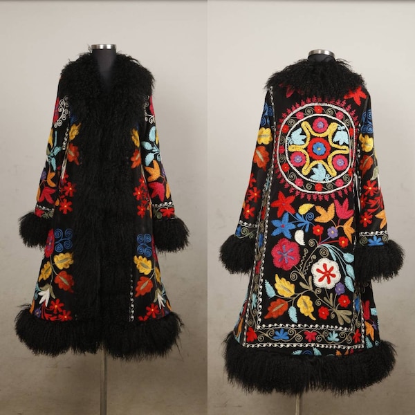 Suzani Embroidered Shearling Trimmed Coat, Afgan Coat, Vintage Coat, Custom Made, Fur, For Her, Shearling Coat, Made To Order, FREE SHIPPING