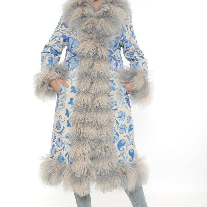 3550211 Green-Blue Collar Fur Coat